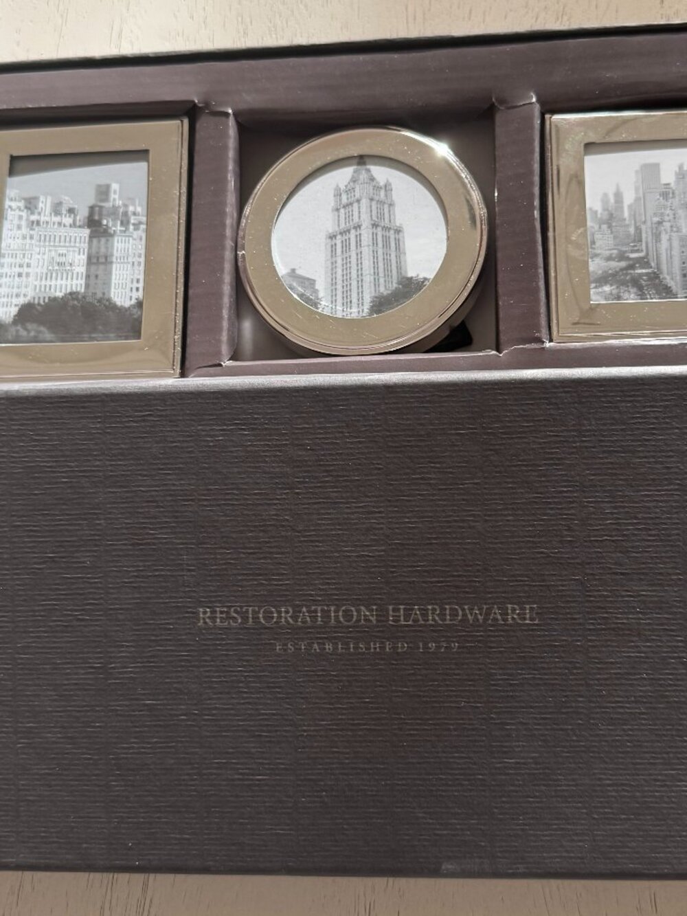 Vintage Restoration Hardware Silver Plate Hampton Frames, set of 3, in box.